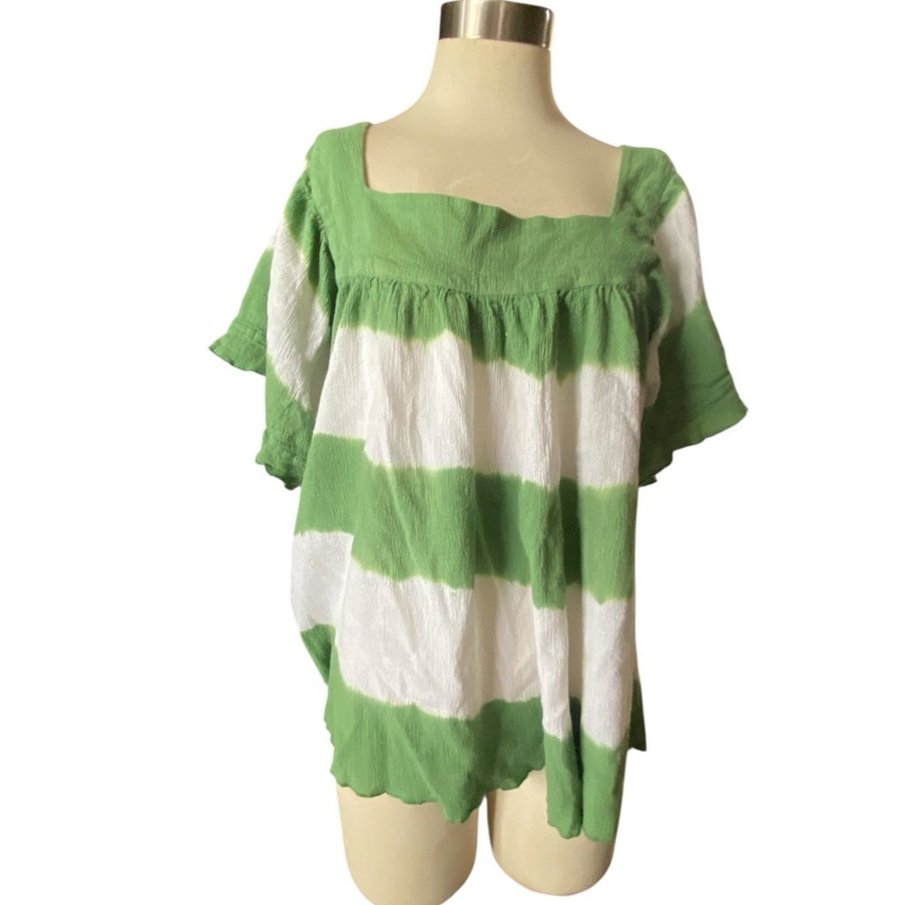 Green and White Women's plus 2X wide striped top 100% cotton vacation beach
